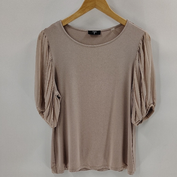 Tahari Beige Blouse Pleated Puff Short Sleeves Size Large Stretch Pullover Top - Picture 1 of 9